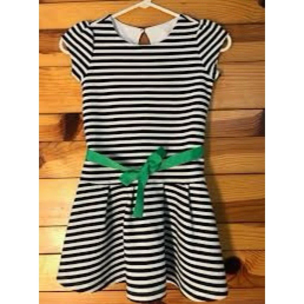 GYMBOREE Dress Girls 8 y black Striped W/ Green Waist Tie $37 Easter